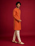Men's Orange Viscose Self Design Knee Length Kurta with Pyjama