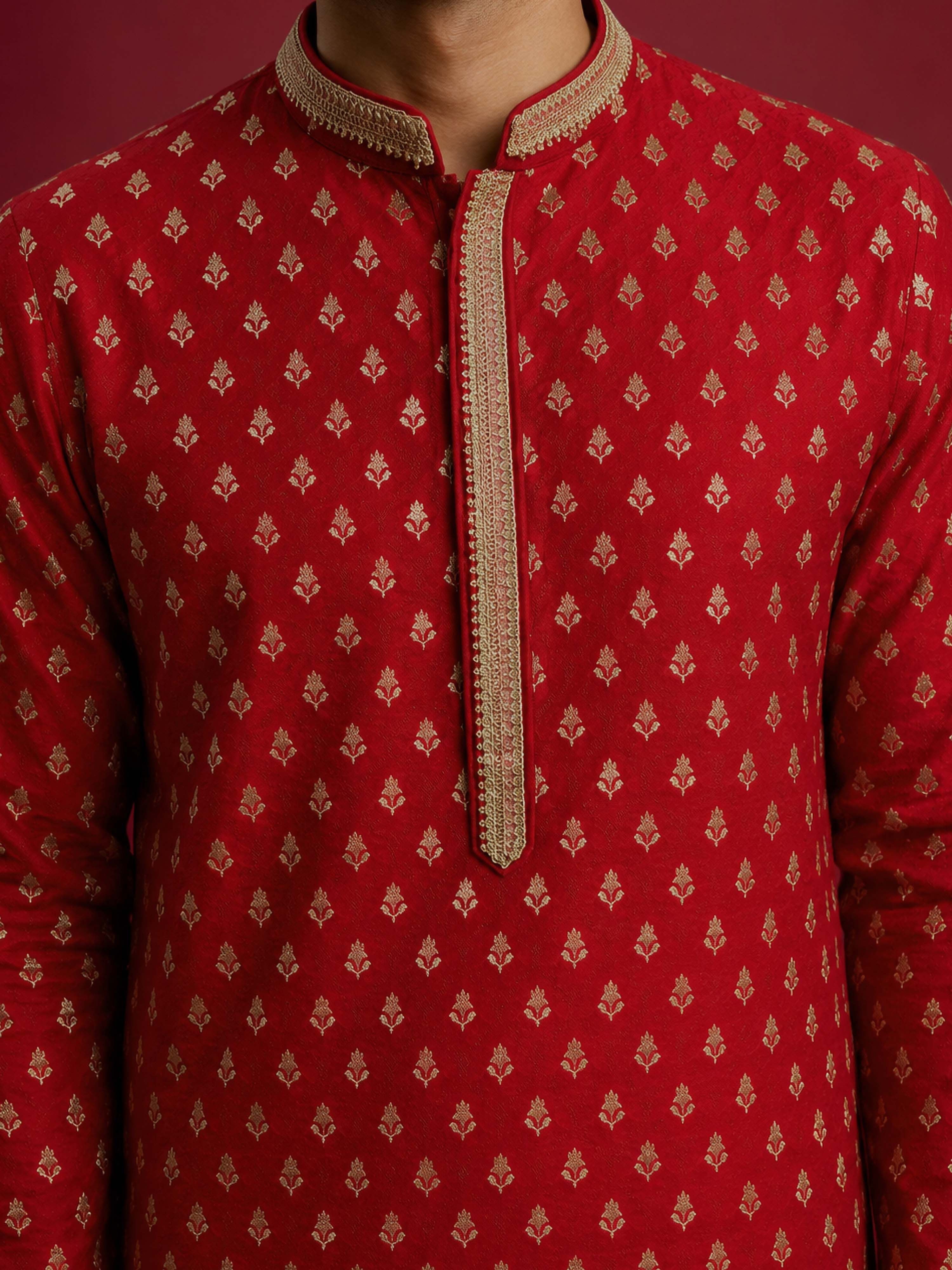 Men's Red Viscose Self Design Knee Length Kurta