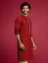 Men's Red Viscose Self Design Knee Length Kurta