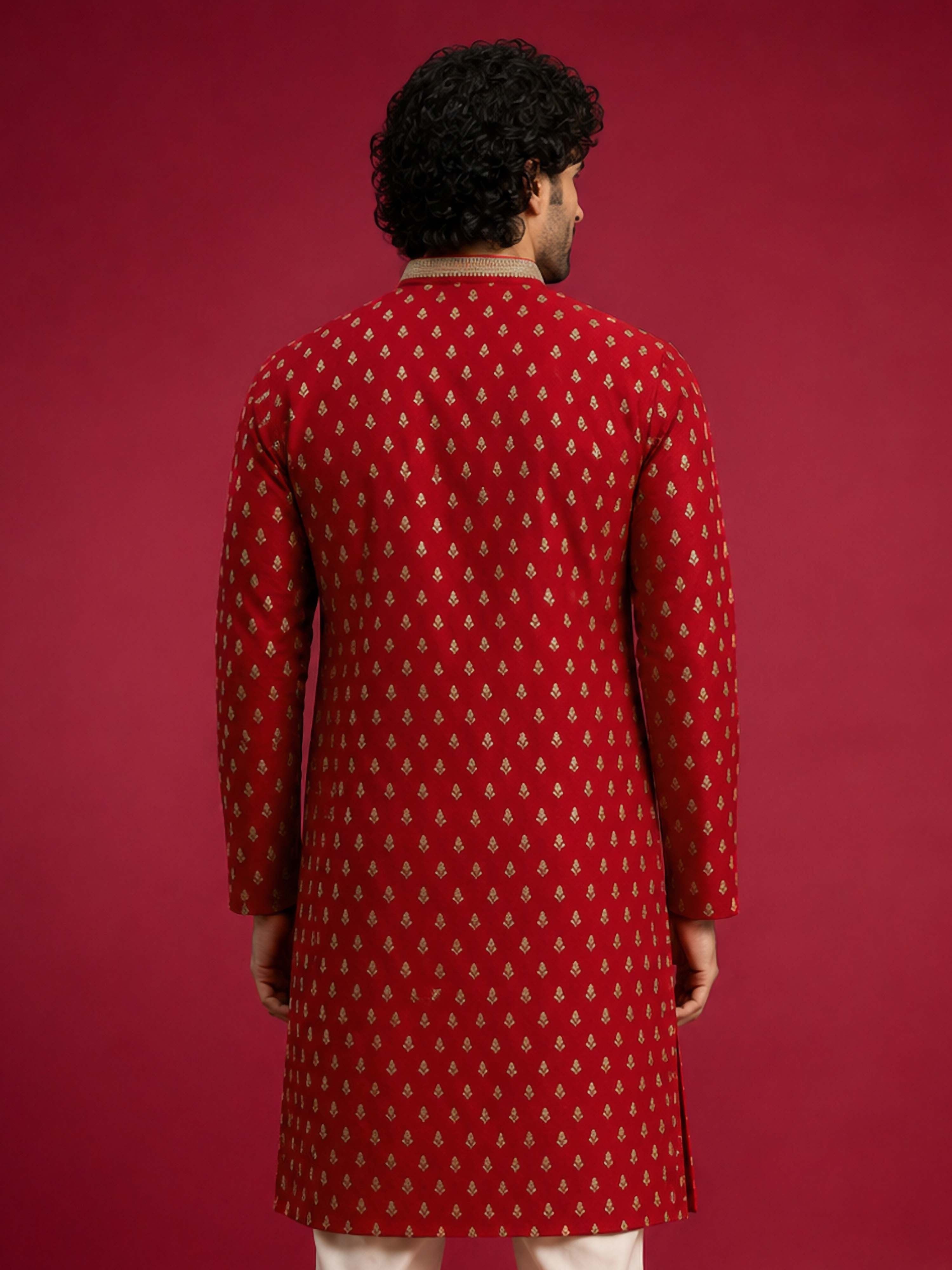 Men's Red Viscose Self Design Knee Length Kurta