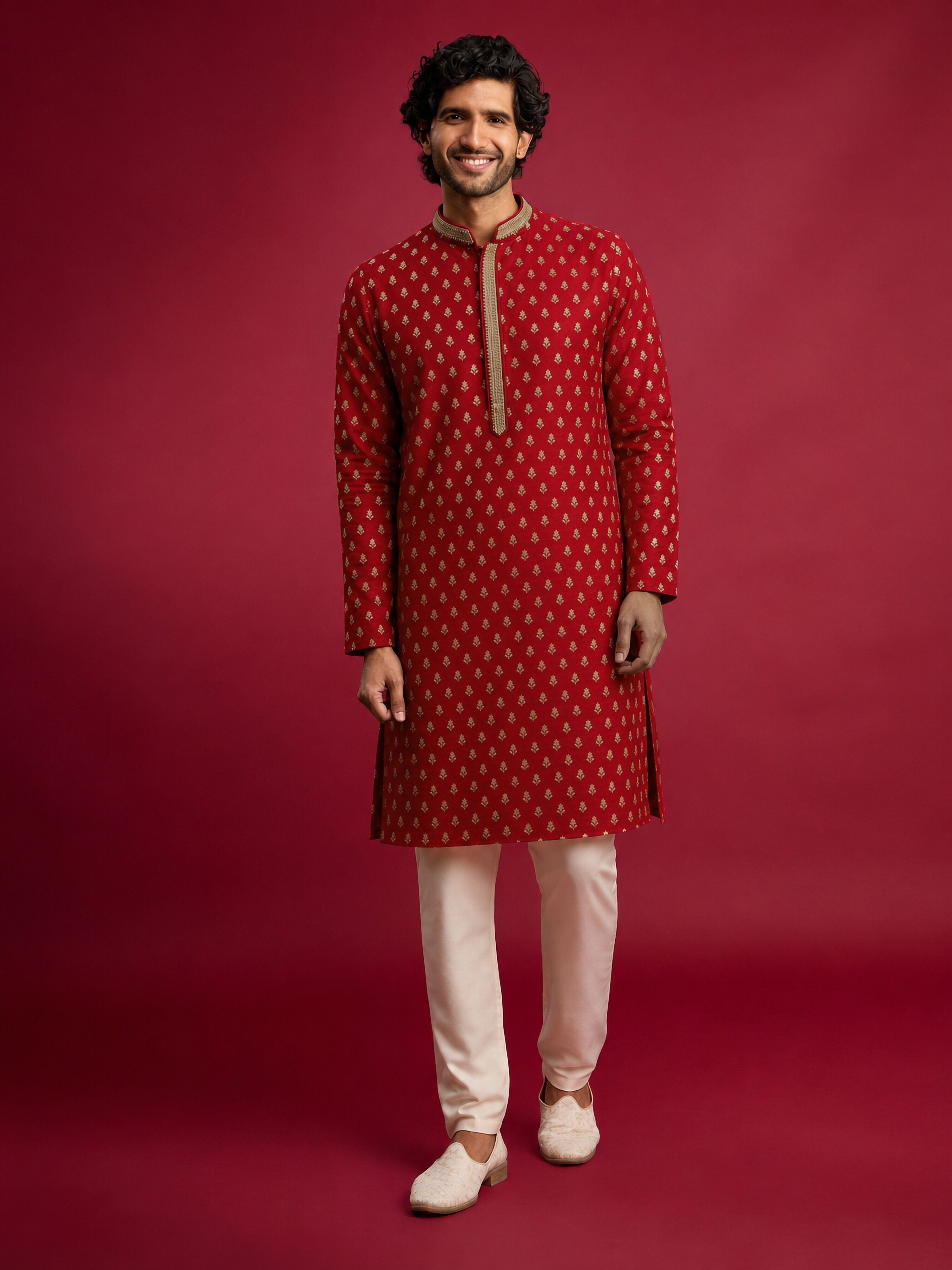 Men Red Viscose Kurta with Pyjama Navratri, Diwali, Wedding, Festive, Festive Glitz, Durga Puja Ethnic Wear
