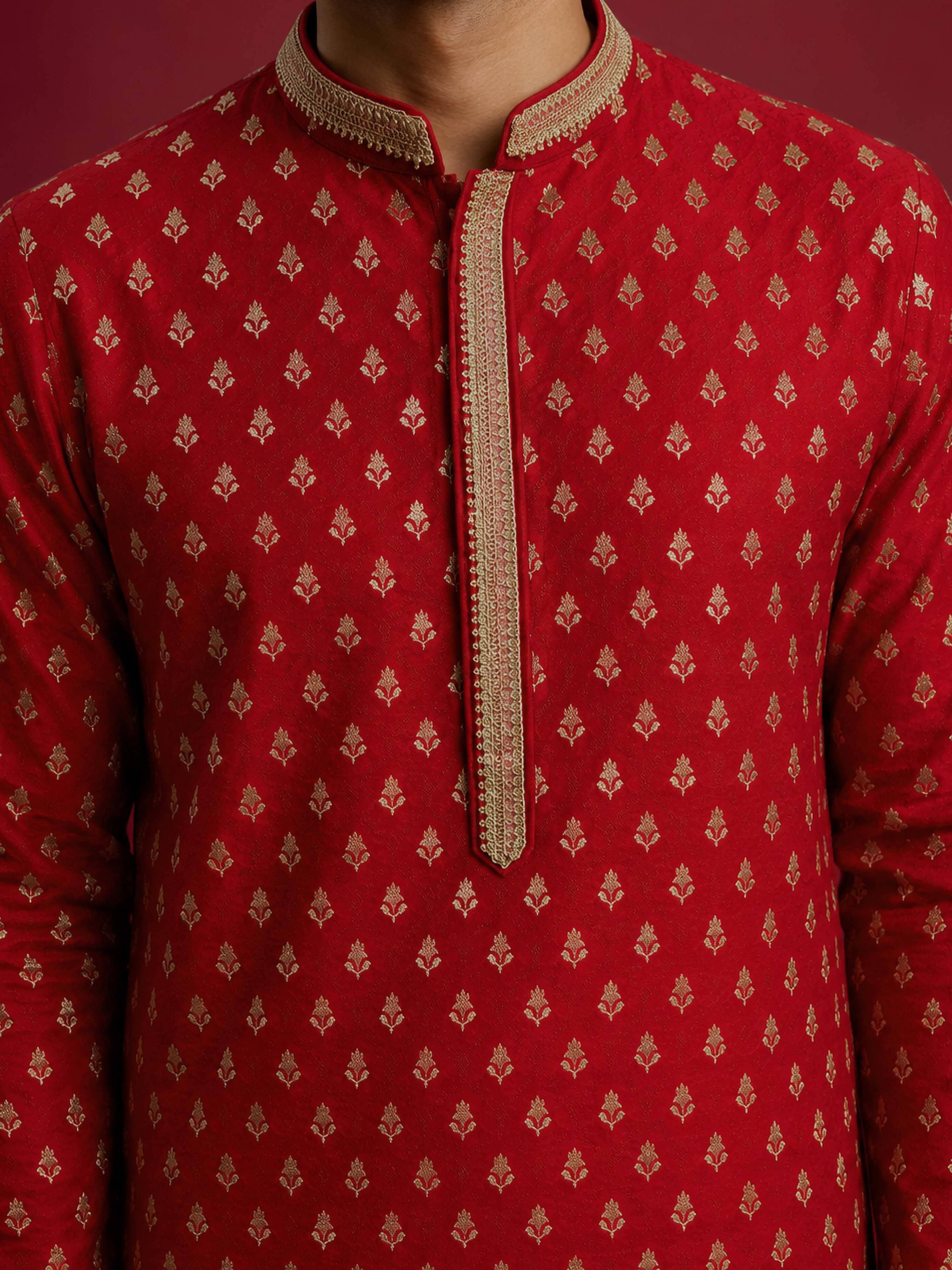 Men's Red Viscose Self Design Knee Length Kurta with Pyjama