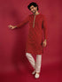 Men's Red Viscose Self Design Knee Length Kurta with Pyjama