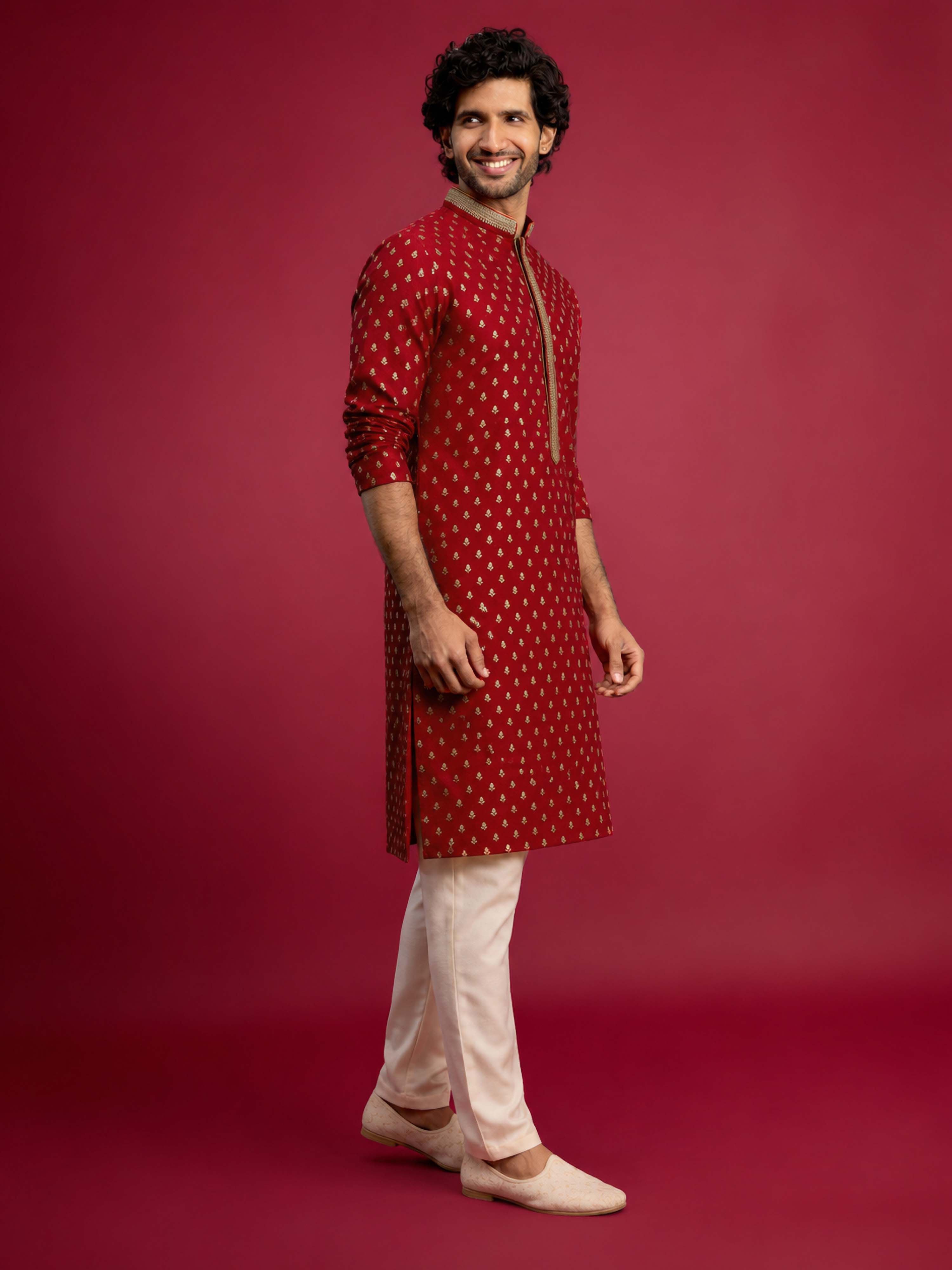 Men's Red Viscose Self Design Knee Length Kurta with Pyjama