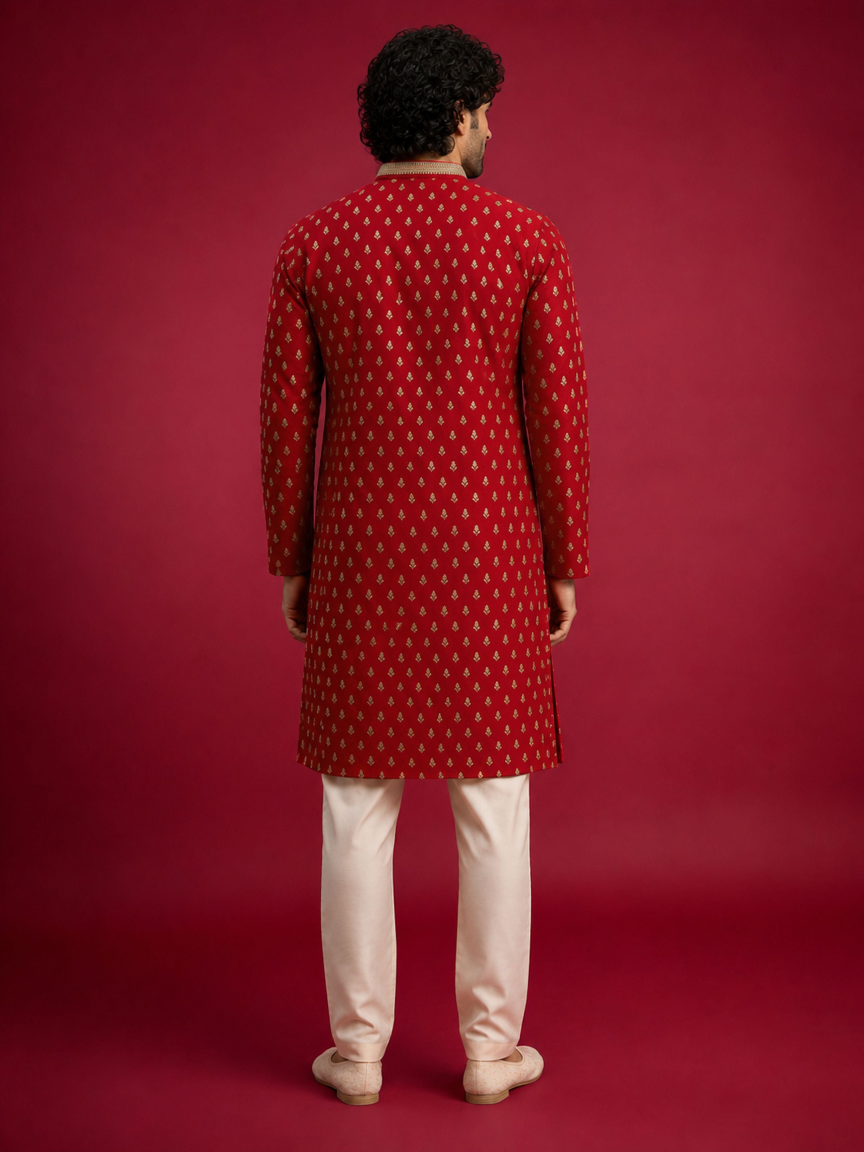 Men's Red Viscose Self Design Knee Length Kurta with Pyjama