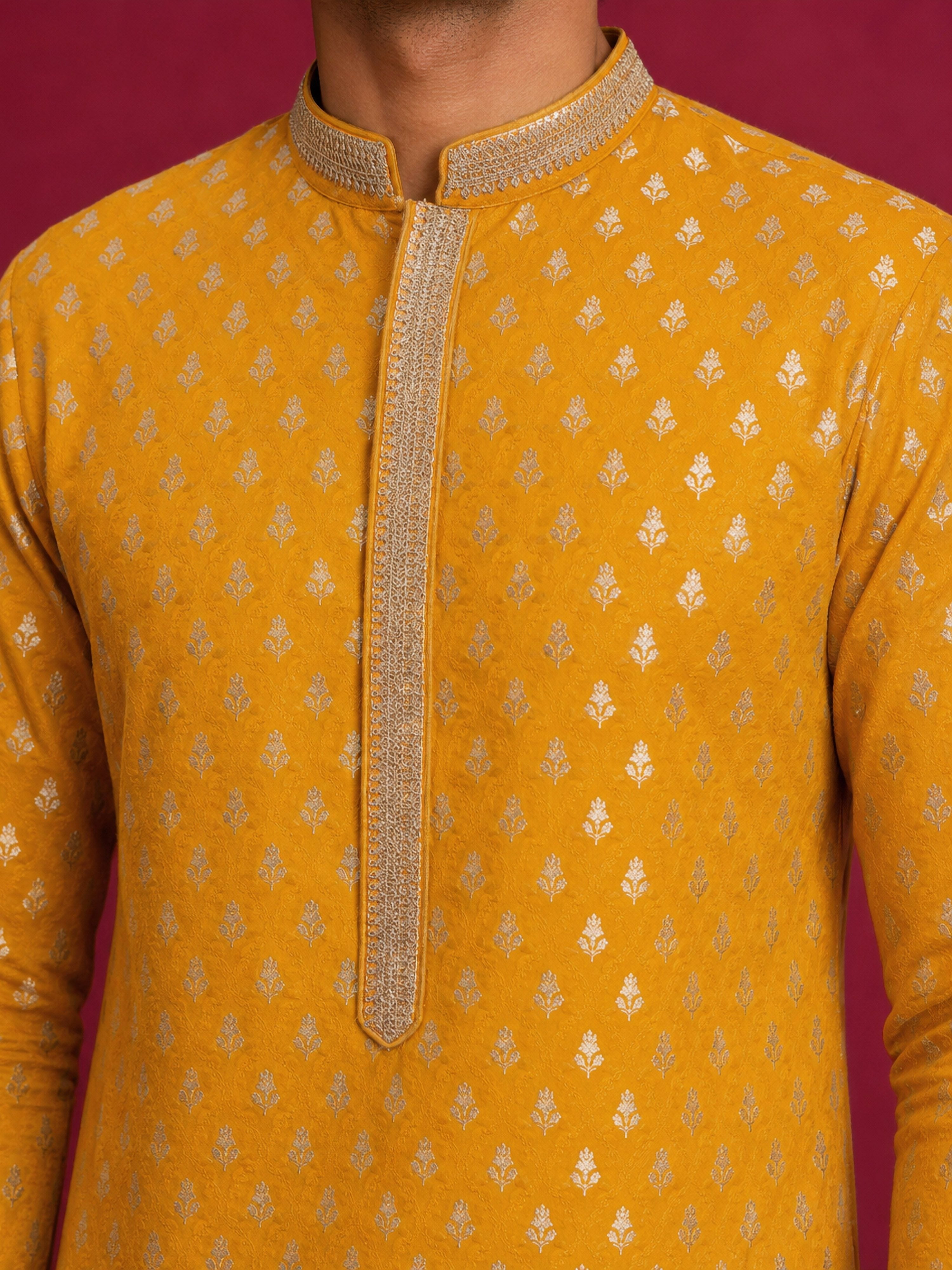 Men's Yellow Viscose Self Design Knee Length Kurta