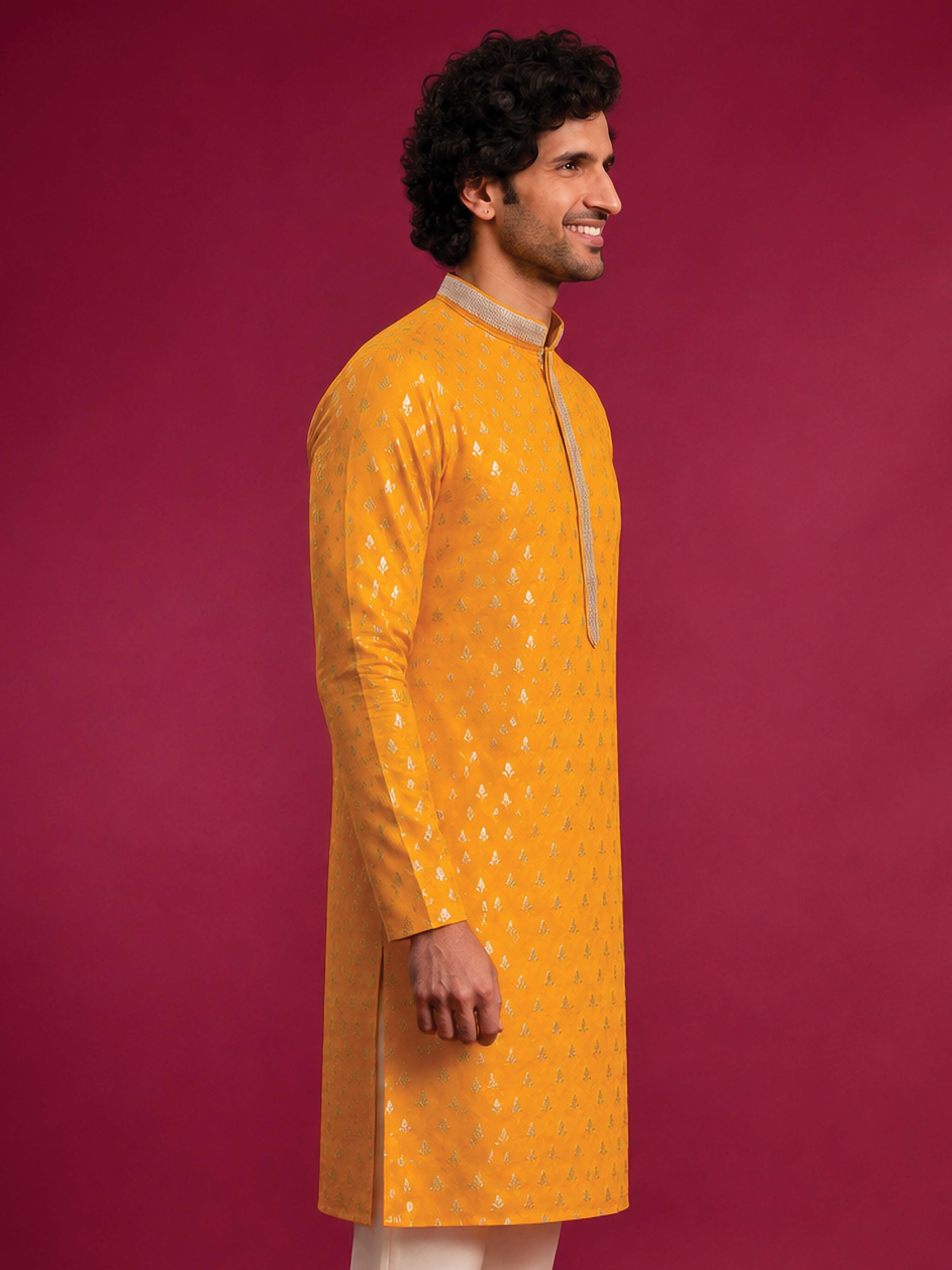 Men's Yellow Viscose Self Design Knee Length Kurta
