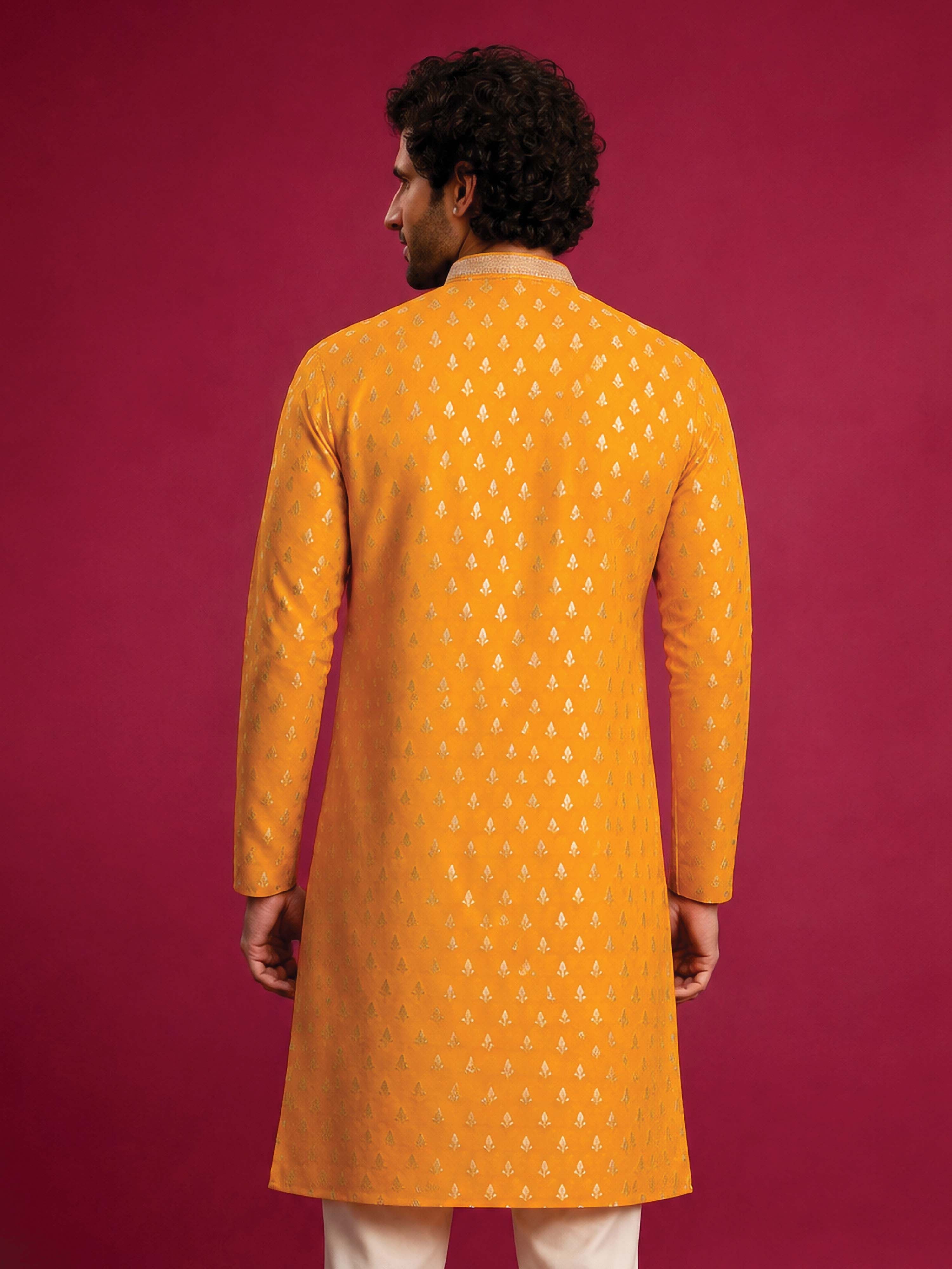 Men's Yellow Viscose Self Design Knee Length Kurta