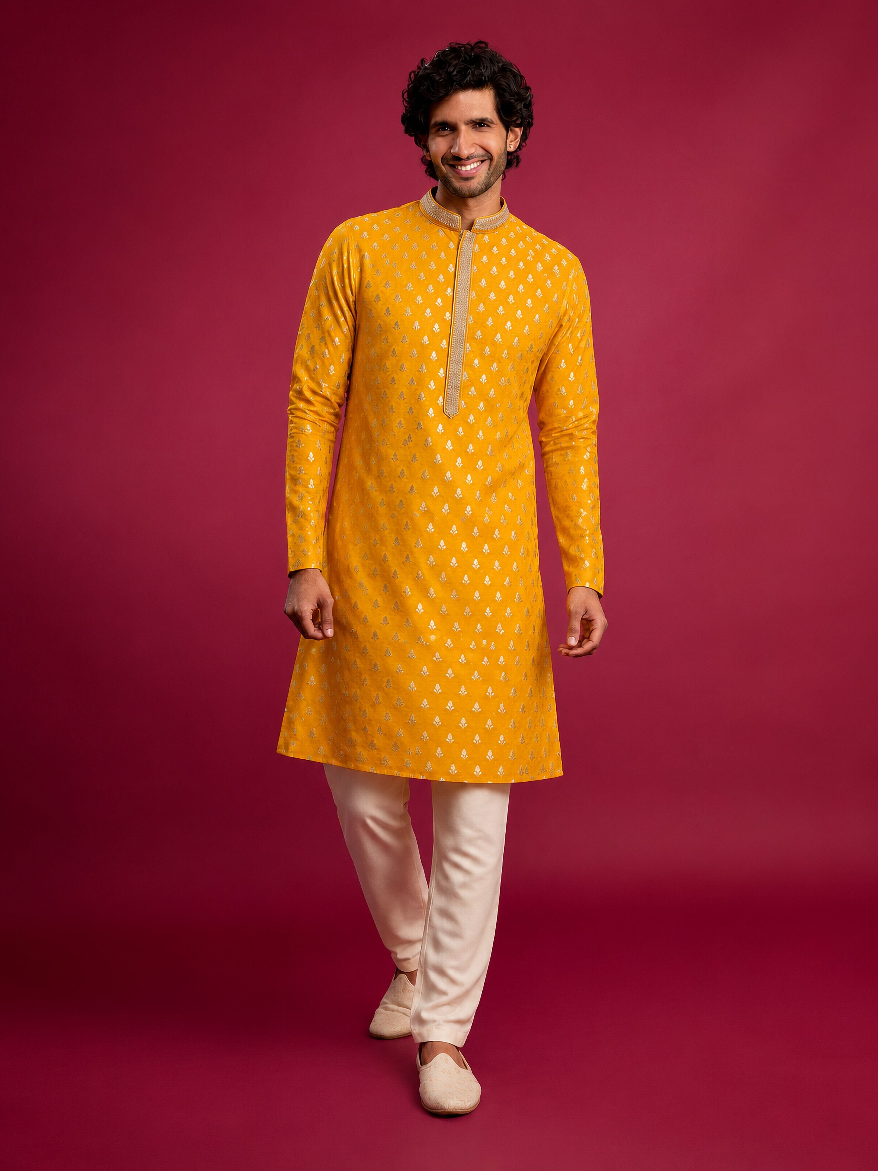 Men's Yellow Viscose Self Design Knee Length Kurta with Pyjama