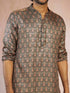 Men's Green Foil Print Ethnic Motif Silk Blend Straight Kurta