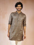 Men's Green Foil Print Ethnic Motif Silk Blend Straight Kurta