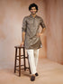 Men's Green Foil Print Ethnic Motif Silk Blend Straight Kurta