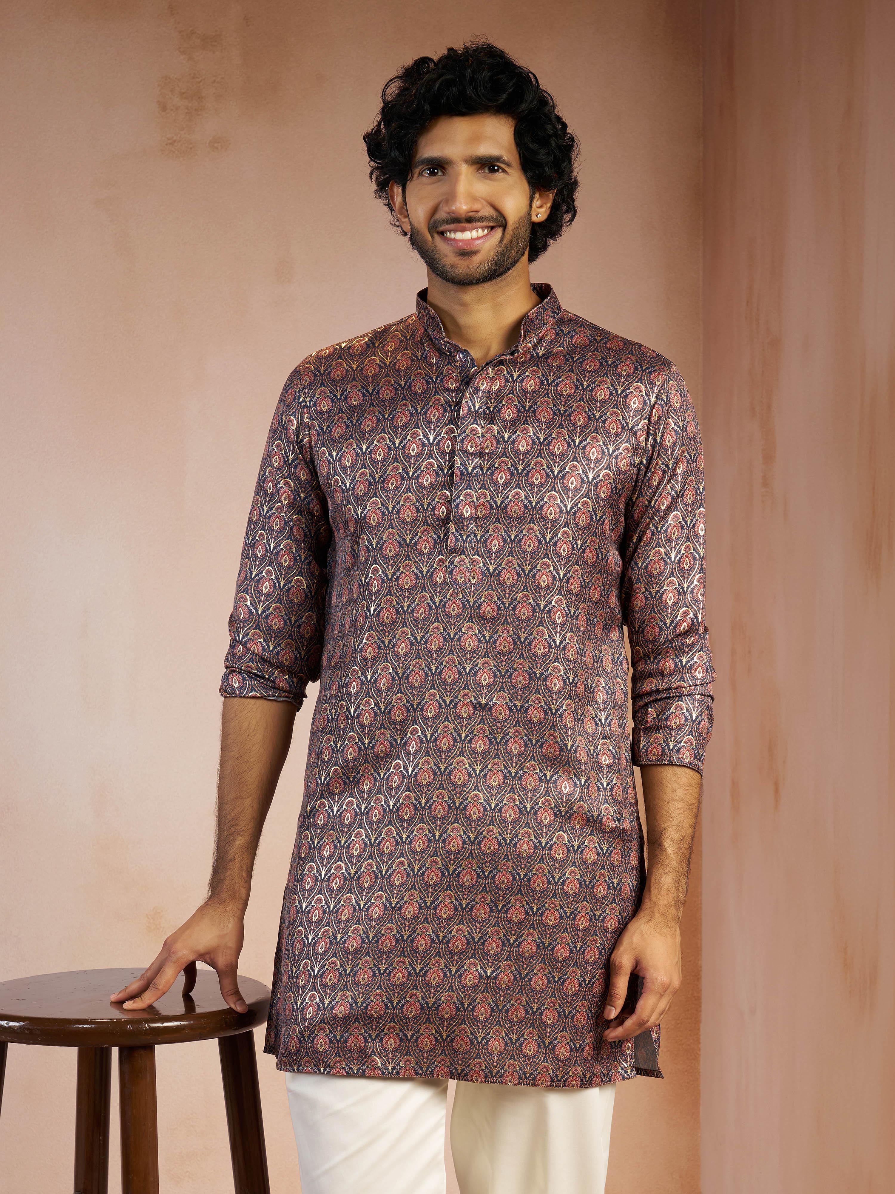 Men's Navy Blue Foil Print Ethnic Motif Silk Blend Straight Kurta