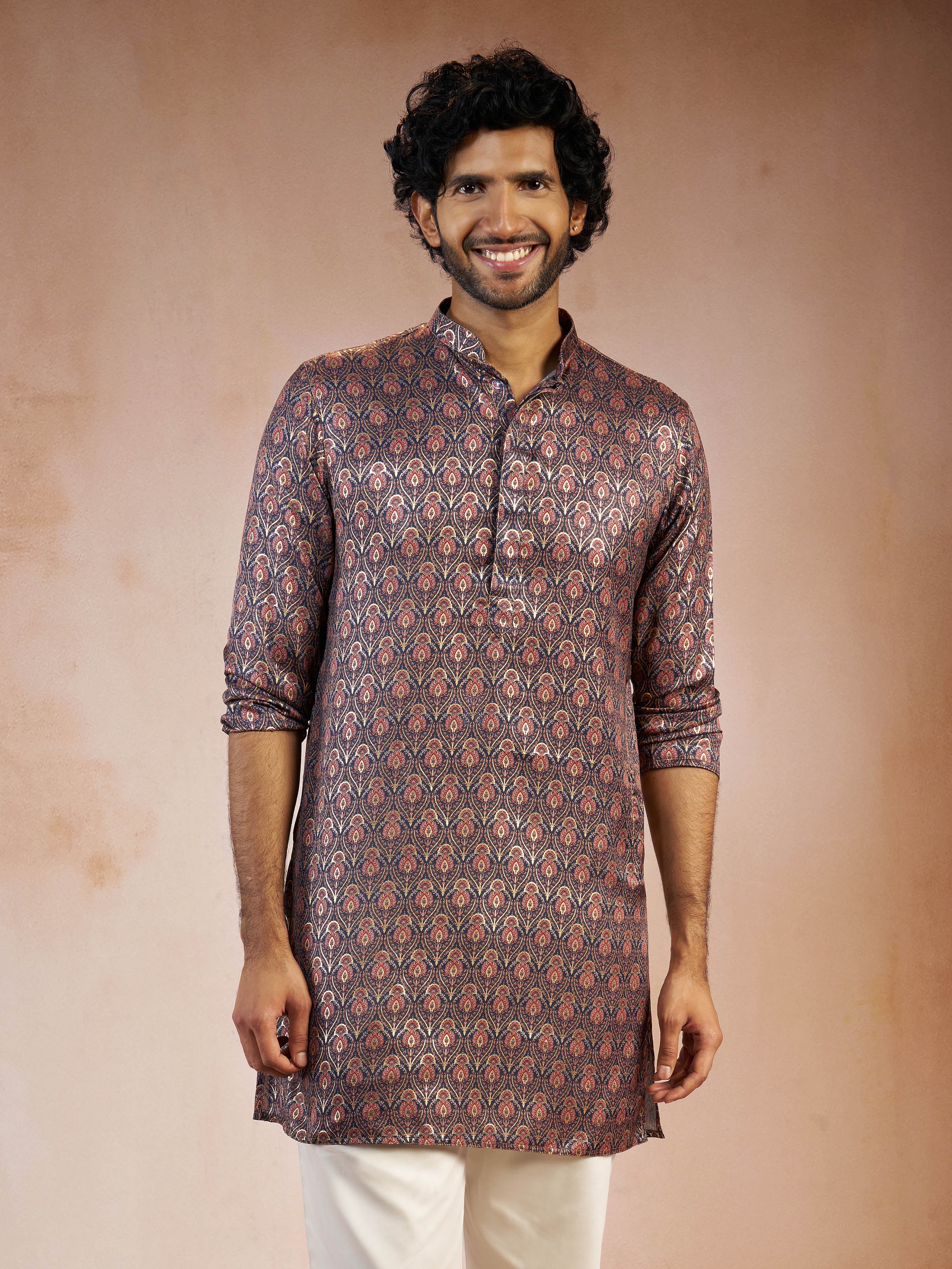 Men's Navy Blue Foil Print Ethnic Motif Silk Blend Straight Kurta