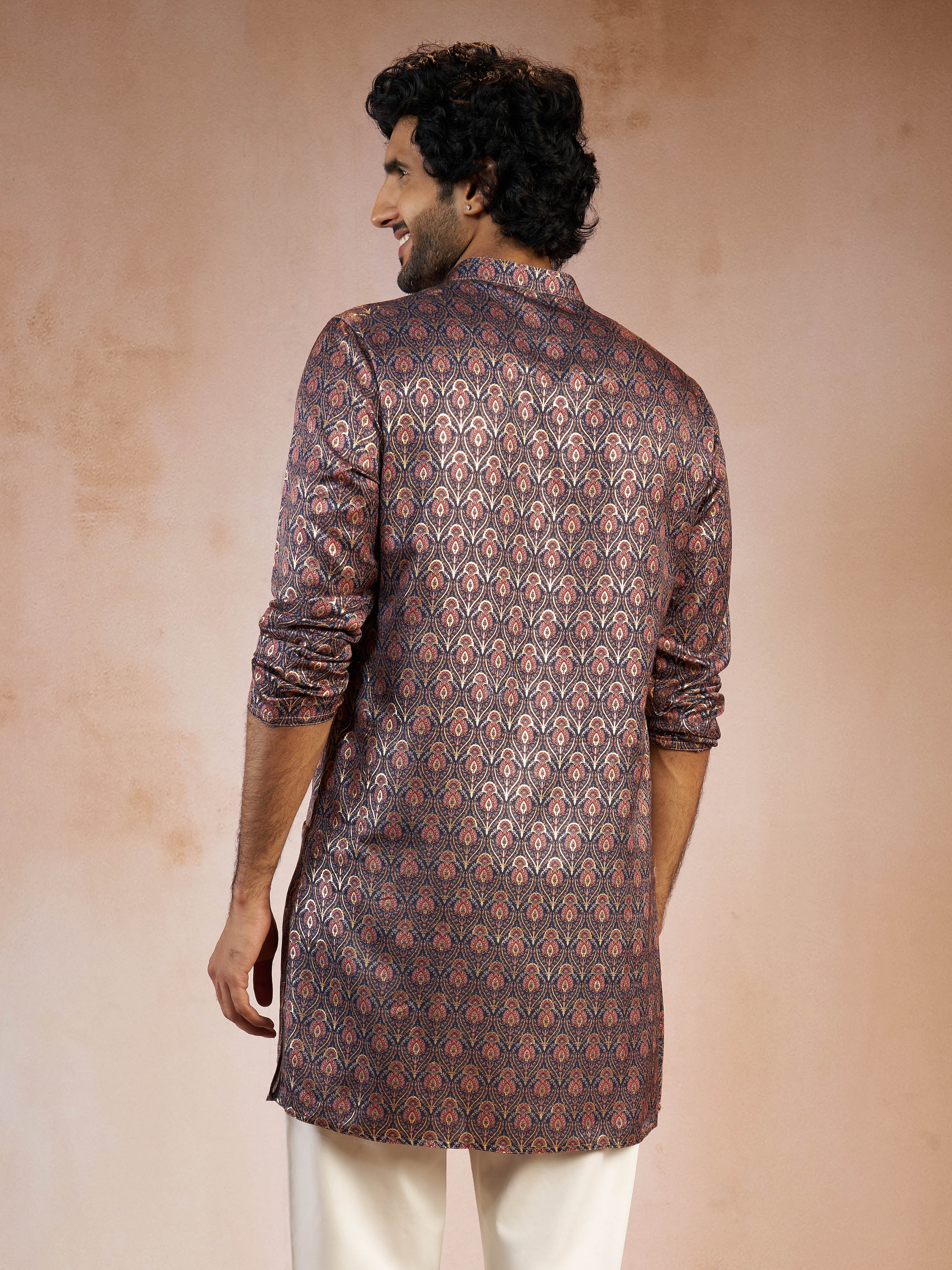 Men's Navy Blue Foil Print Ethnic Motif Silk Blend Straight Kurta