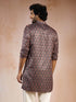 Men's Navy Blue Foil Print Ethnic Motif Silk Blend Straight Kurta