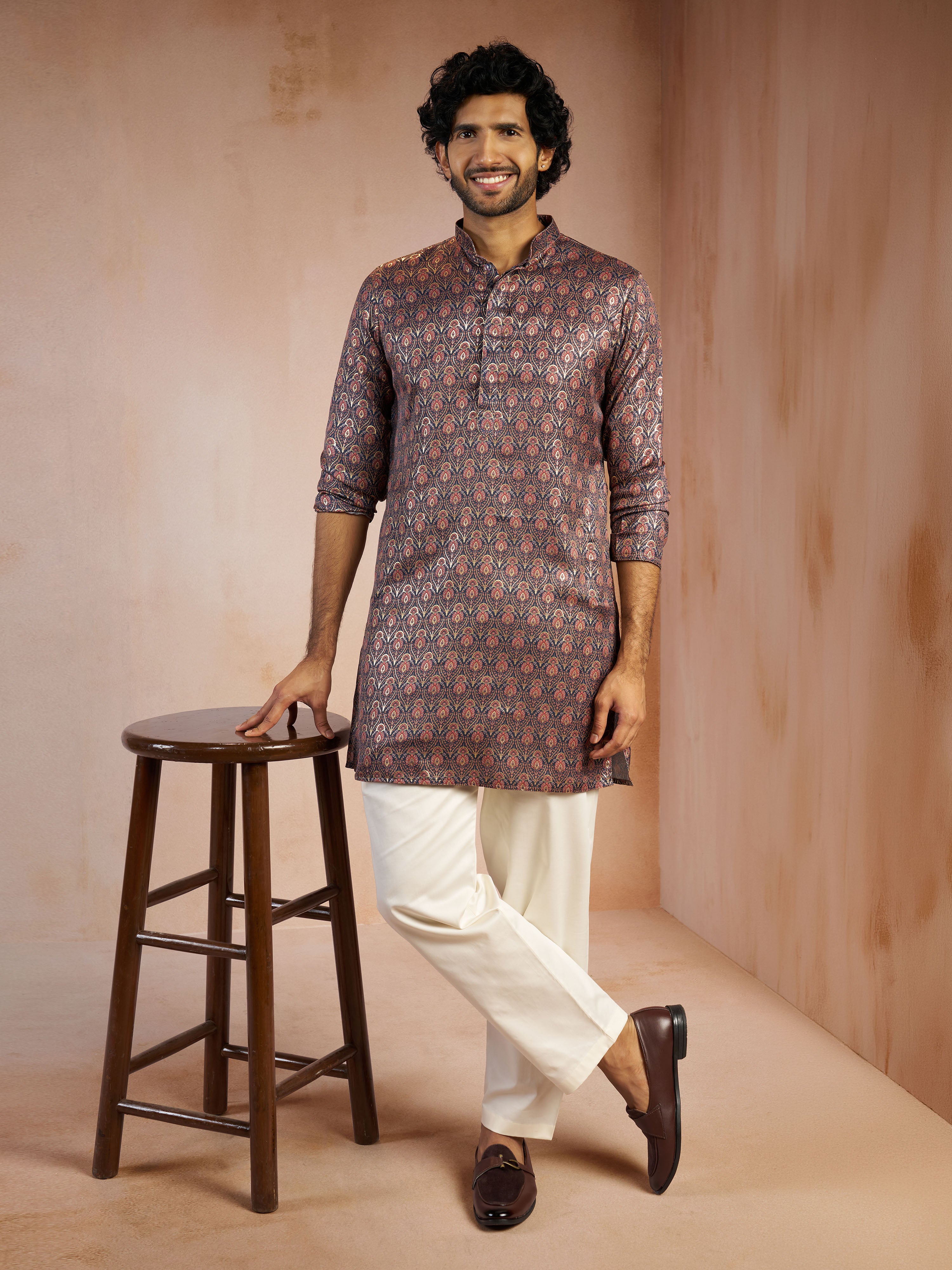 Men's Navy Blue Foil Print Ethnic Motif Silk Blend Straight Kurta