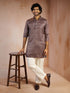 Men's Navy Blue Foil Print Ethnic Motif Silk Blend Straight Kurta