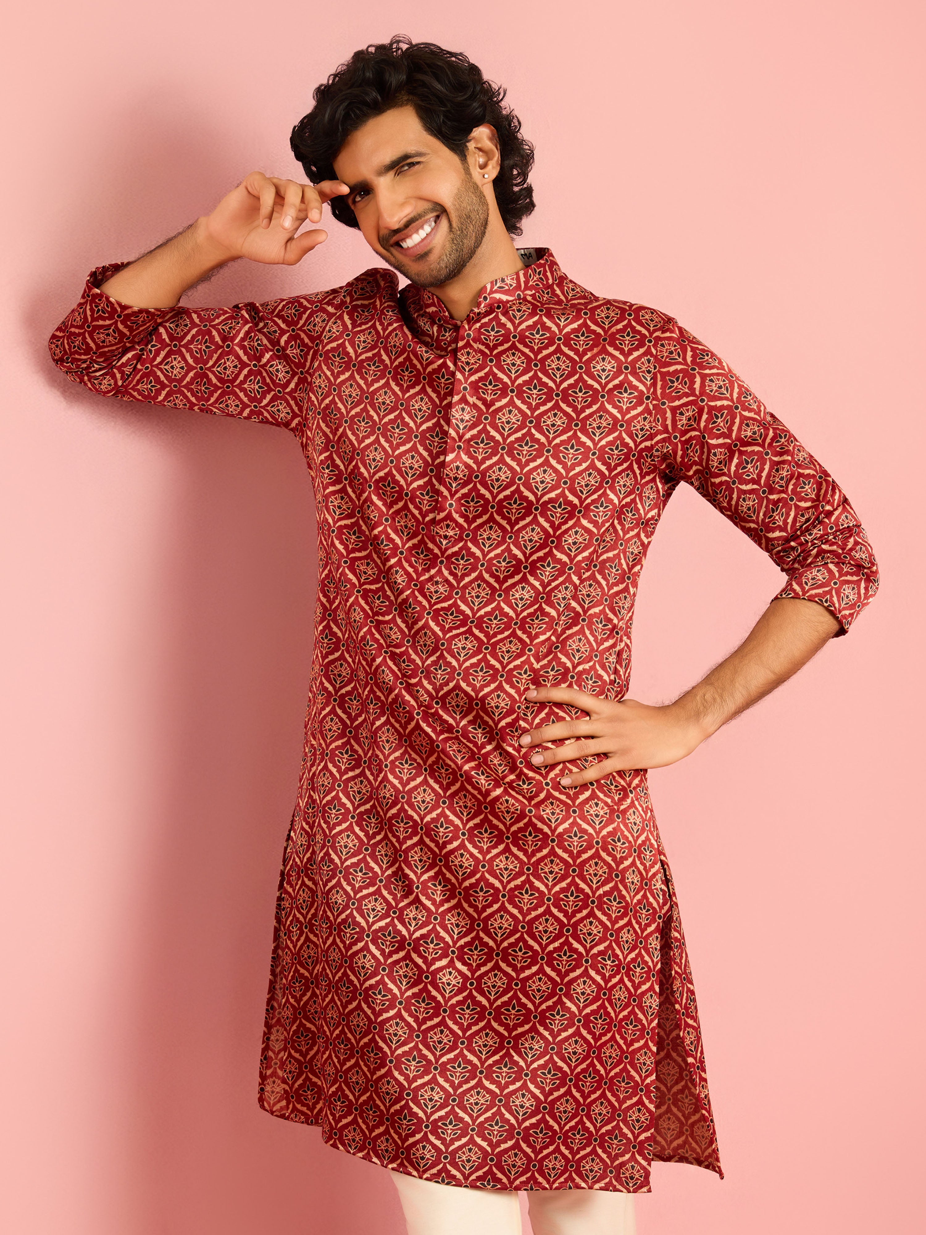 Vastramay Men's Maroon Silk Blend Geometric Print Kurta