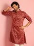 Vastramay Men's Maroon Silk Blend Geometric Print Kurta