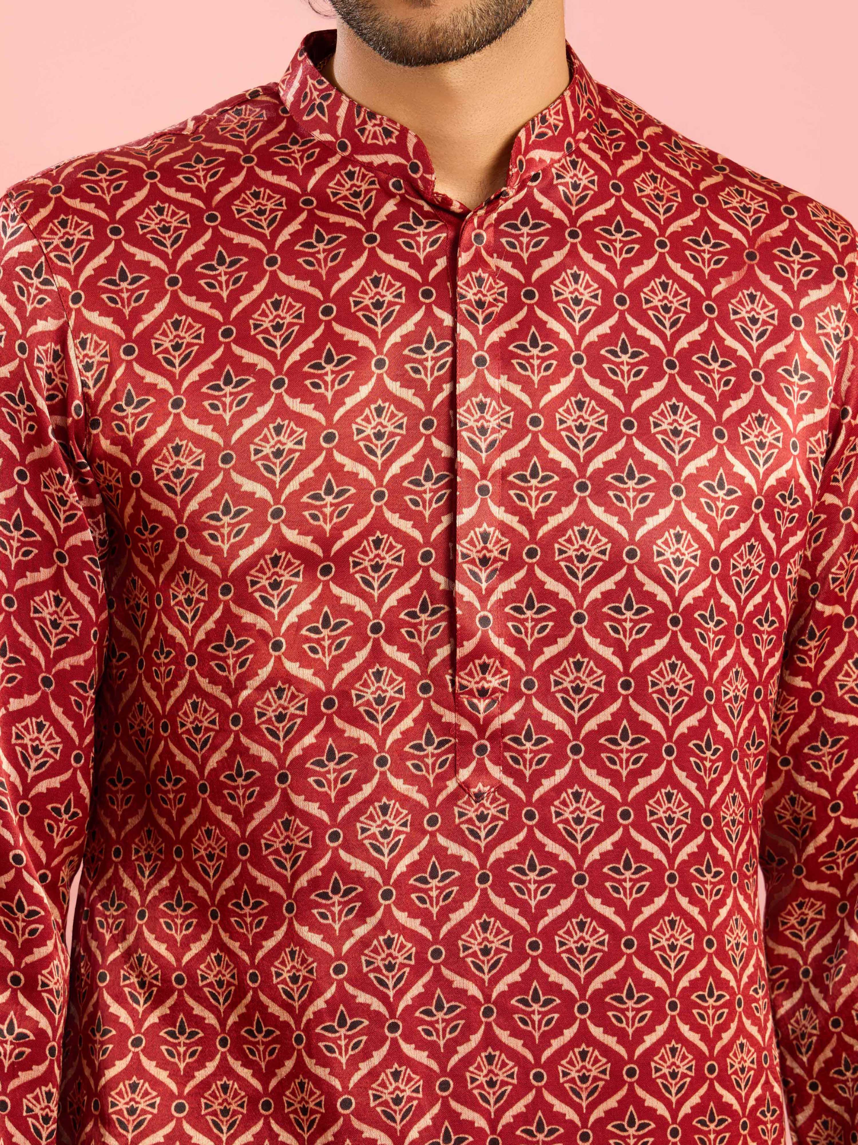 Men's Maroon Thigh Length Kurta