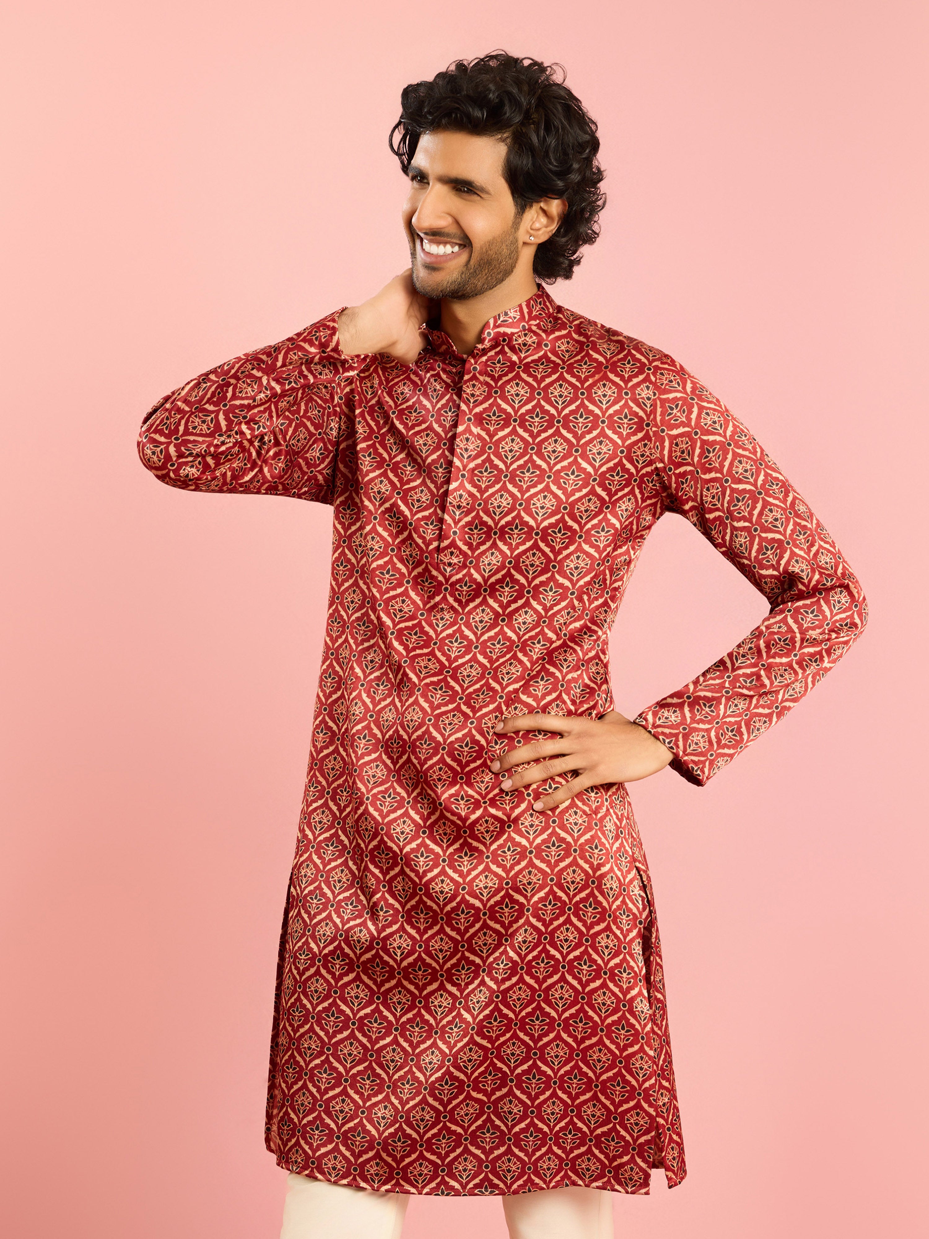 Men's Maroon Thigh Length Kurta