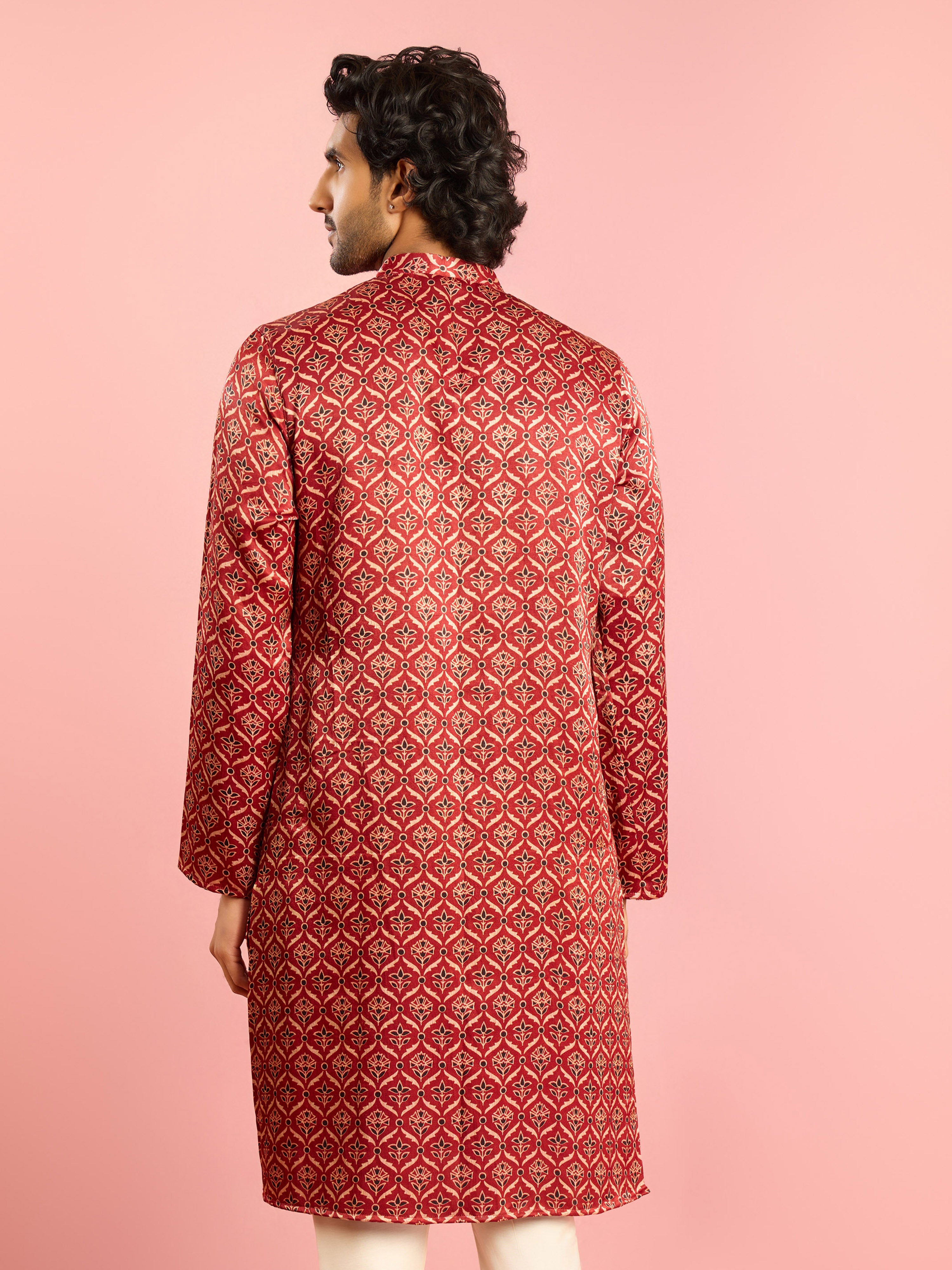 Men's Maroon Thigh Length Kurta