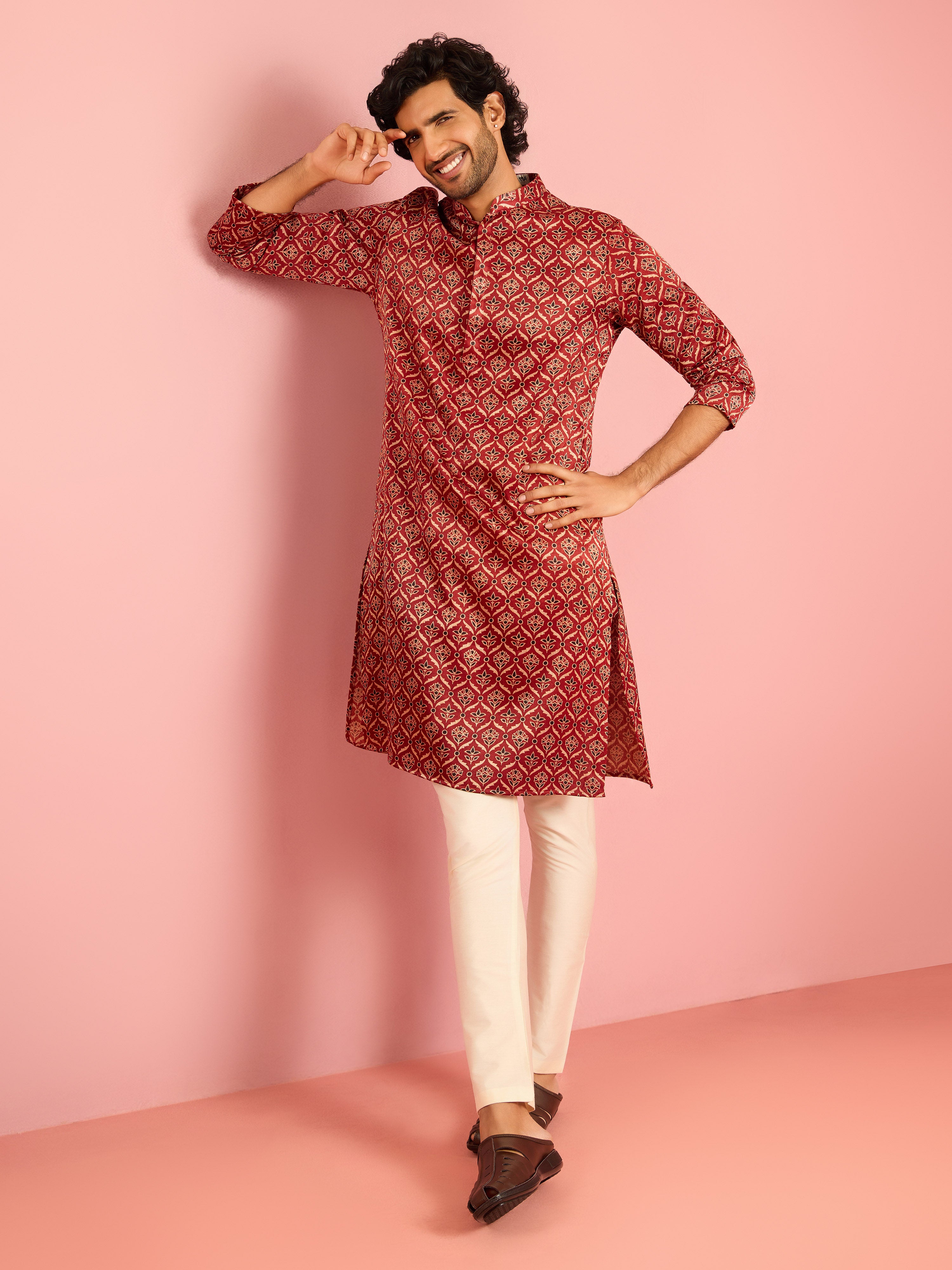 Men's Maroon Thigh Length Kurta