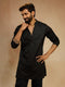 Men's Black Silk Thread Embroidered Floral Full Sleeve Long Kurta