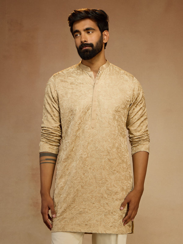 Beige Silk Blend Jacquard Kurta with Floral Thread Work