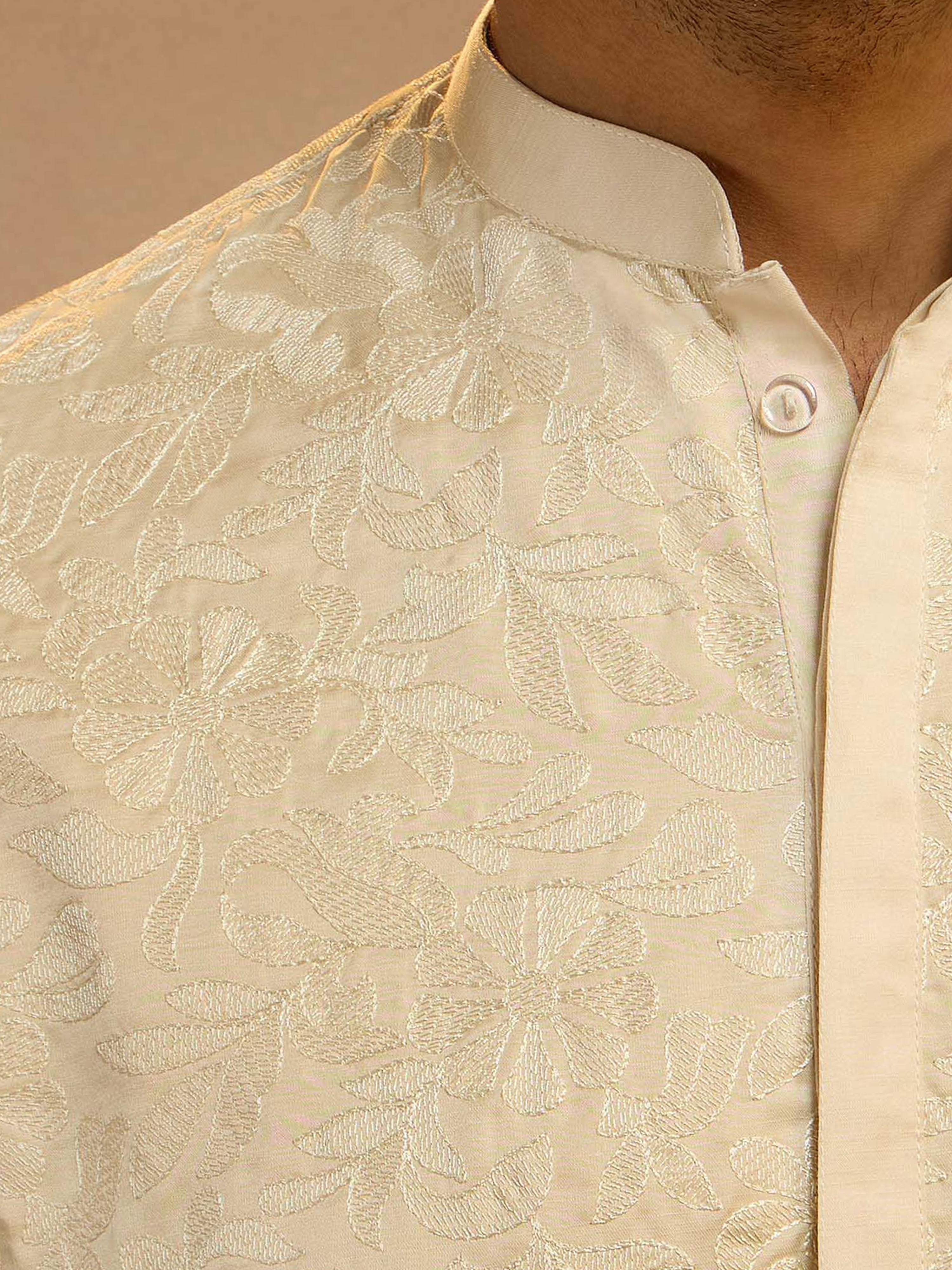Men's Beige Silk Blend Floral Thigh Length Kurta