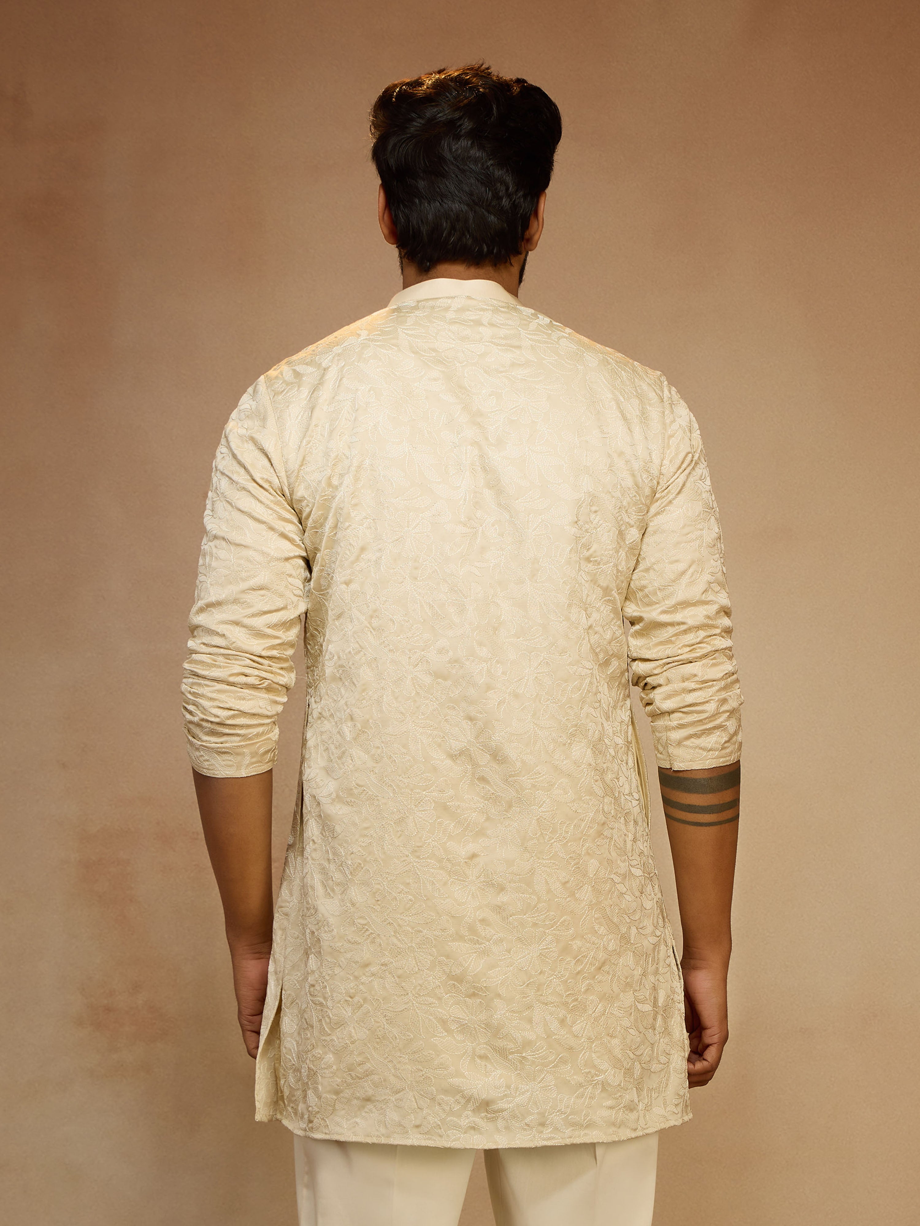 Men's Beige Silk Blend Floral Thigh Length Kurta