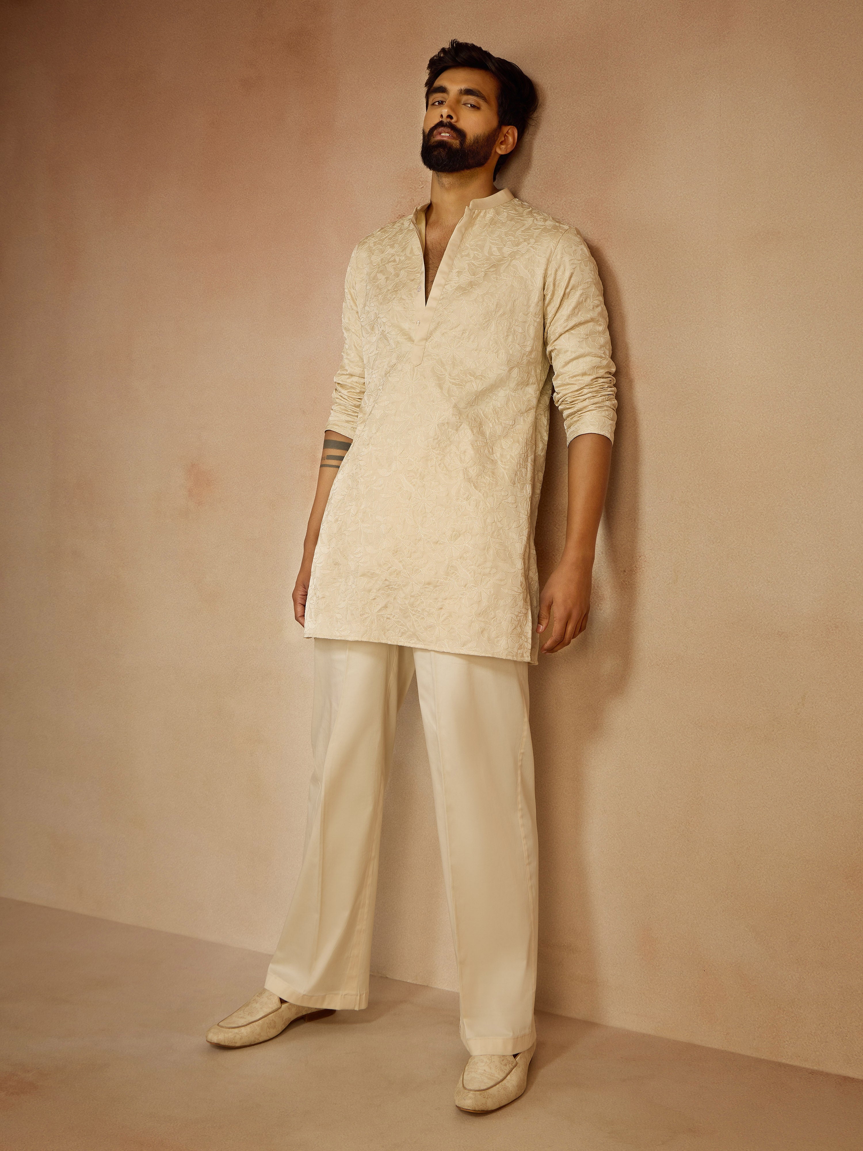 Men's Beige Silk Blend Floral Thigh Length Kurta
