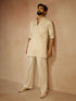 Men's Beige Silk Blend Floral Thigh Length Kurta