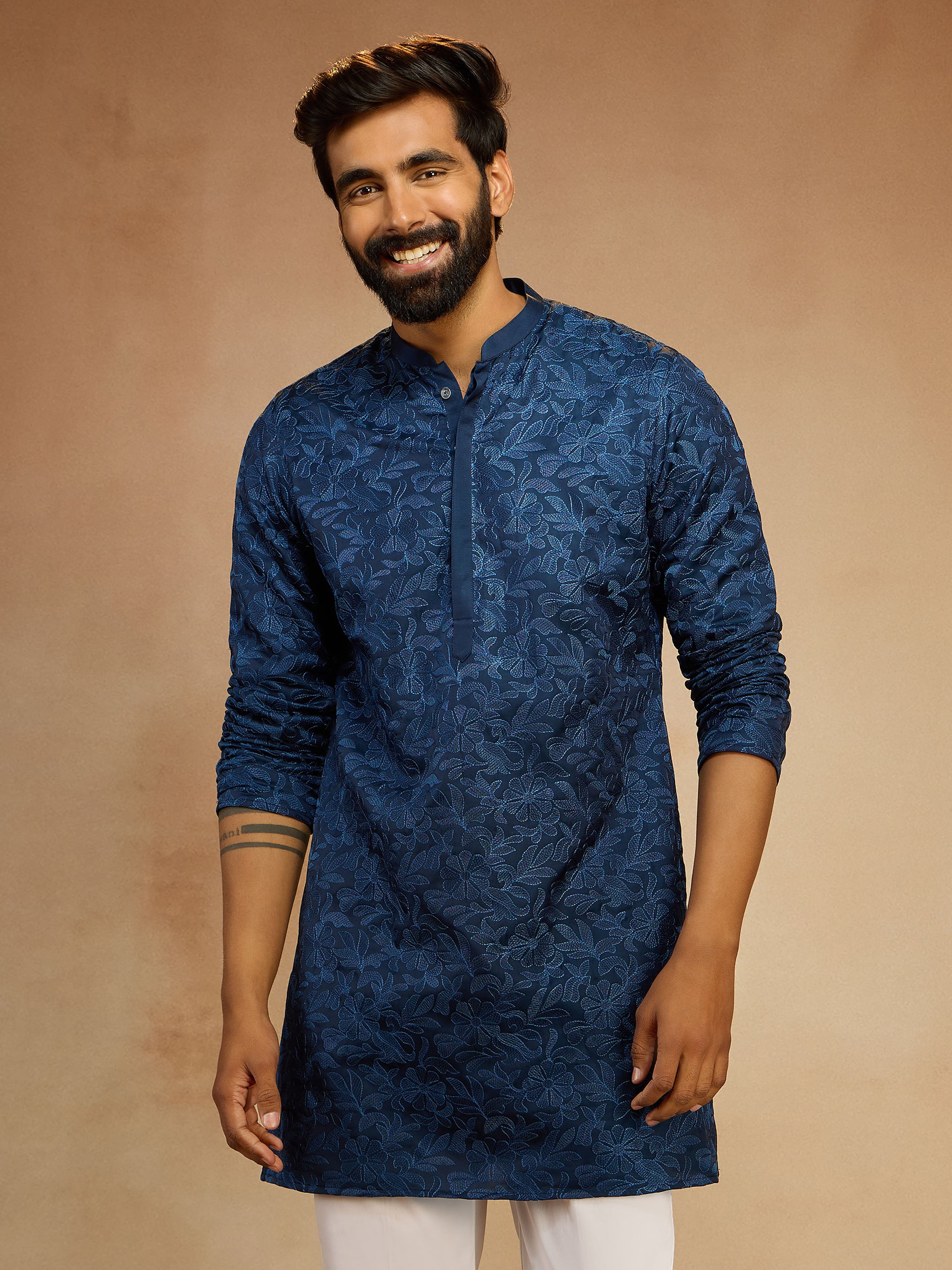 Men's Navy Blue Silk Blend Floral Jacquard Kurta