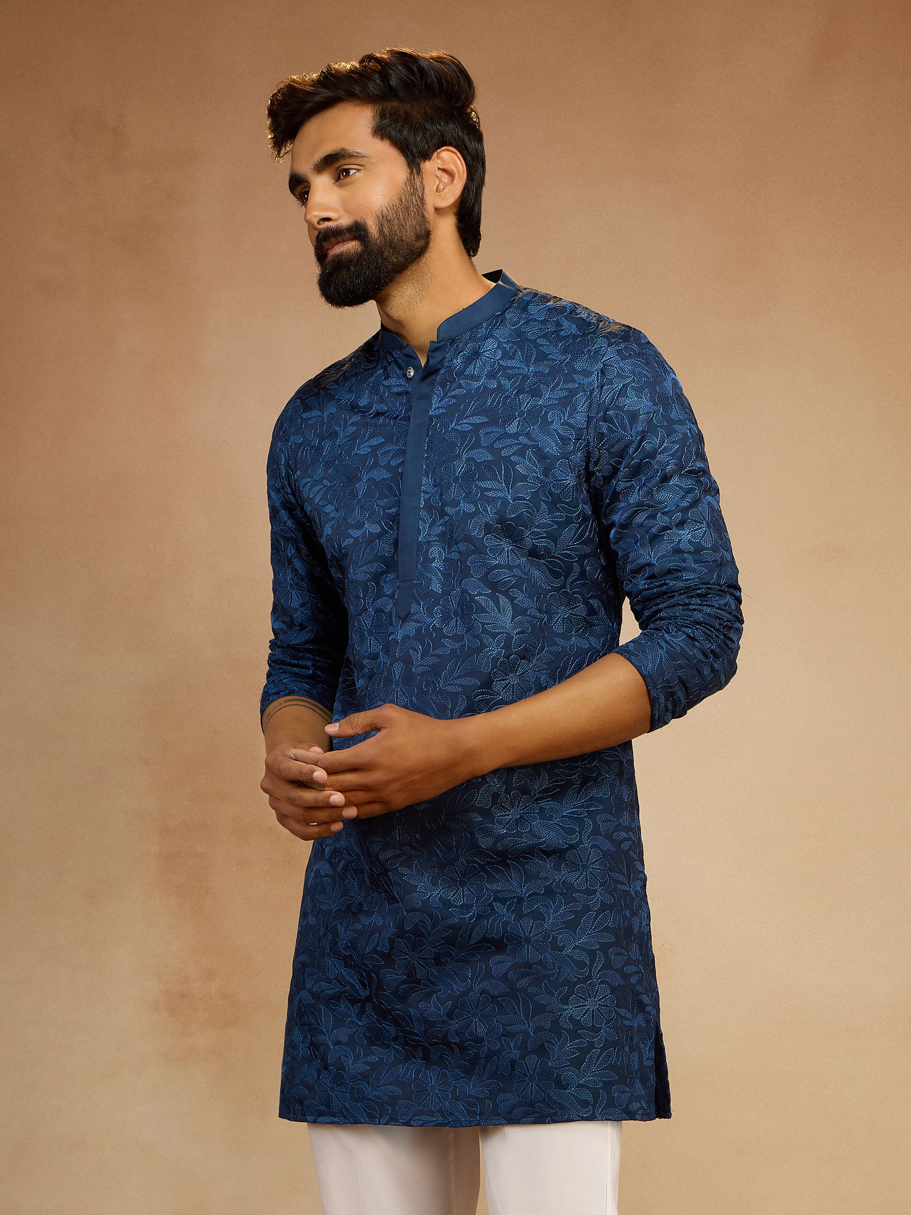Men's Navy Blue Silk Blend Floral Thigh Length Kurta