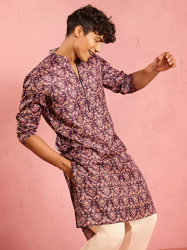 Men's Purple Floral Print Silk Blend Festive Kurta