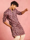 Men's Purple Floral Print Silk Blend Festive Kurta