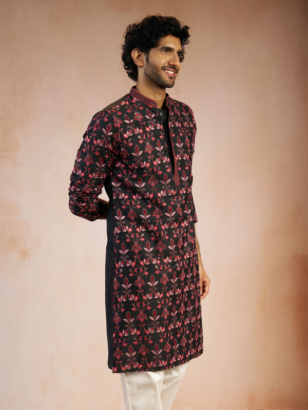 Men's Black All-Over Floral Thread Embroidered Viscose Silk Straight Kurta