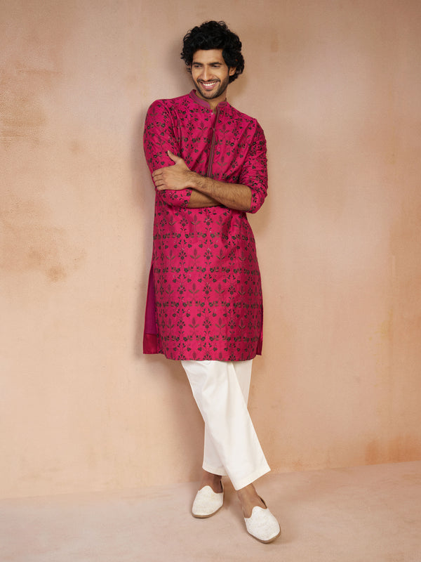 Men Falsa All-Over Floral Thread Embroidered Viscose Silk Kurta with Cream Fine Satin Pyjama Set