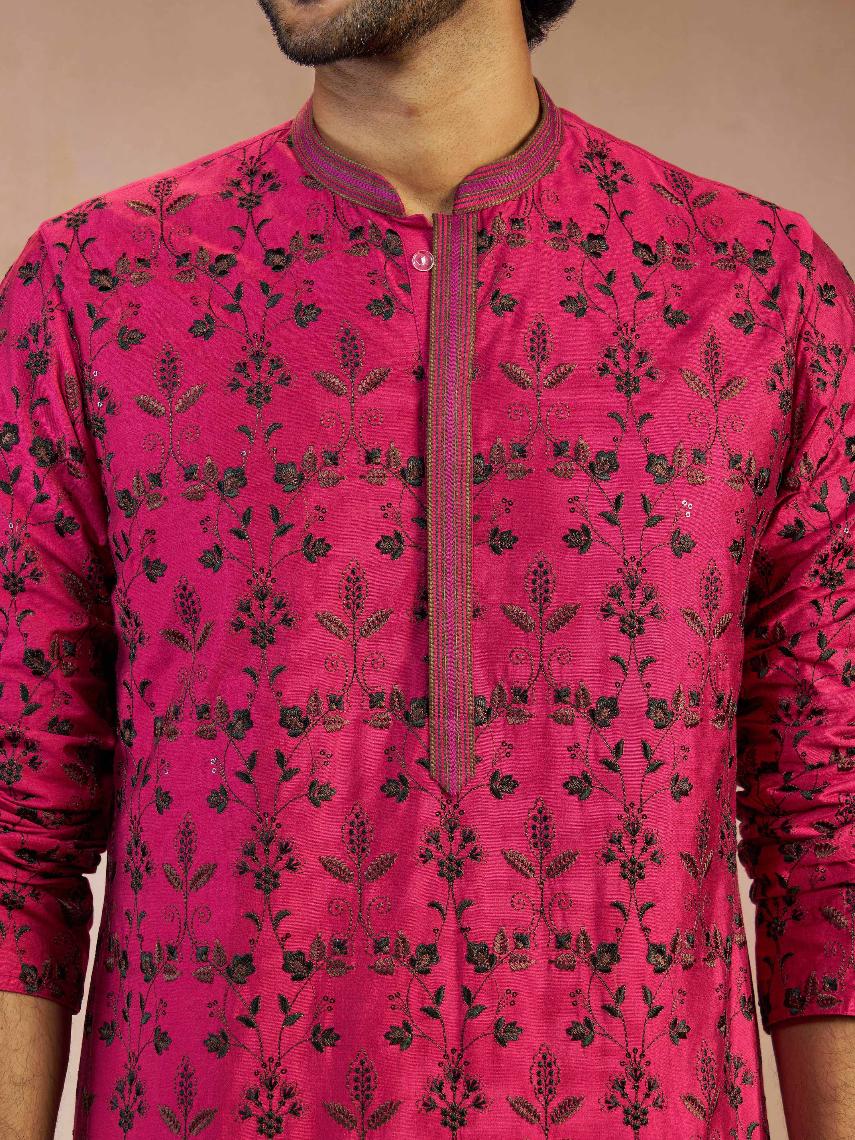 Men Falsa All-Over Floral Thread Embroidered Viscose Silk Kurta with Cream Fine Satin Pyjama Set