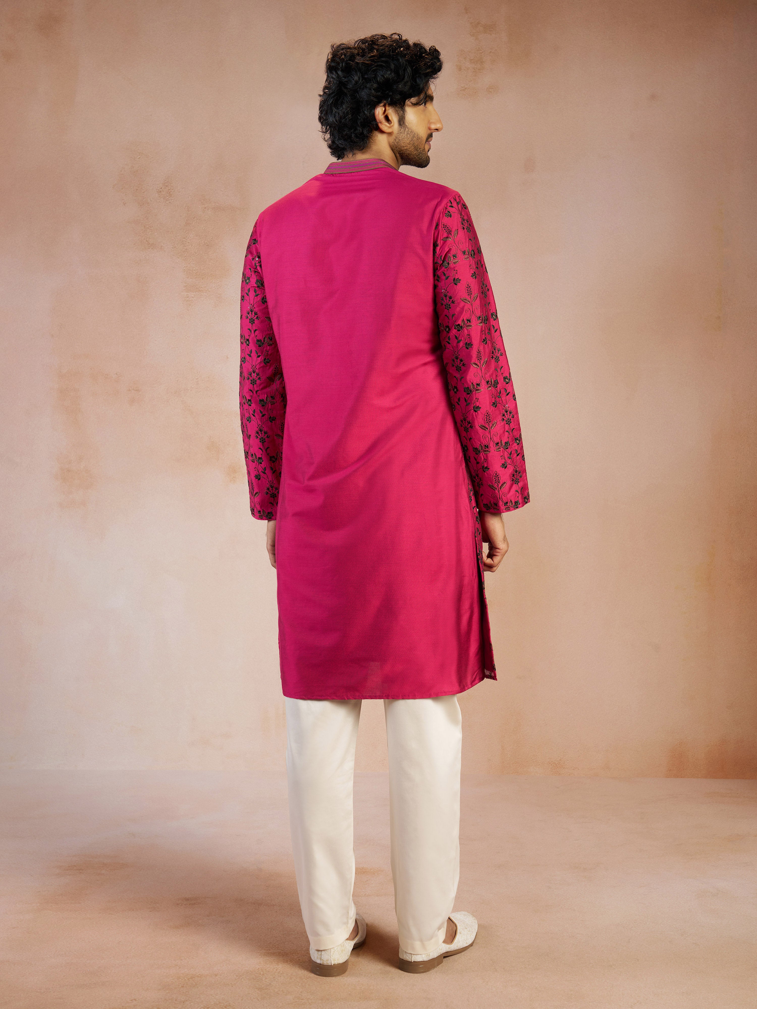 Men Falsa All-Over Floral Thread Embroidered Viscose Silk Kurta with Cream Fine Satin Pyjama Set