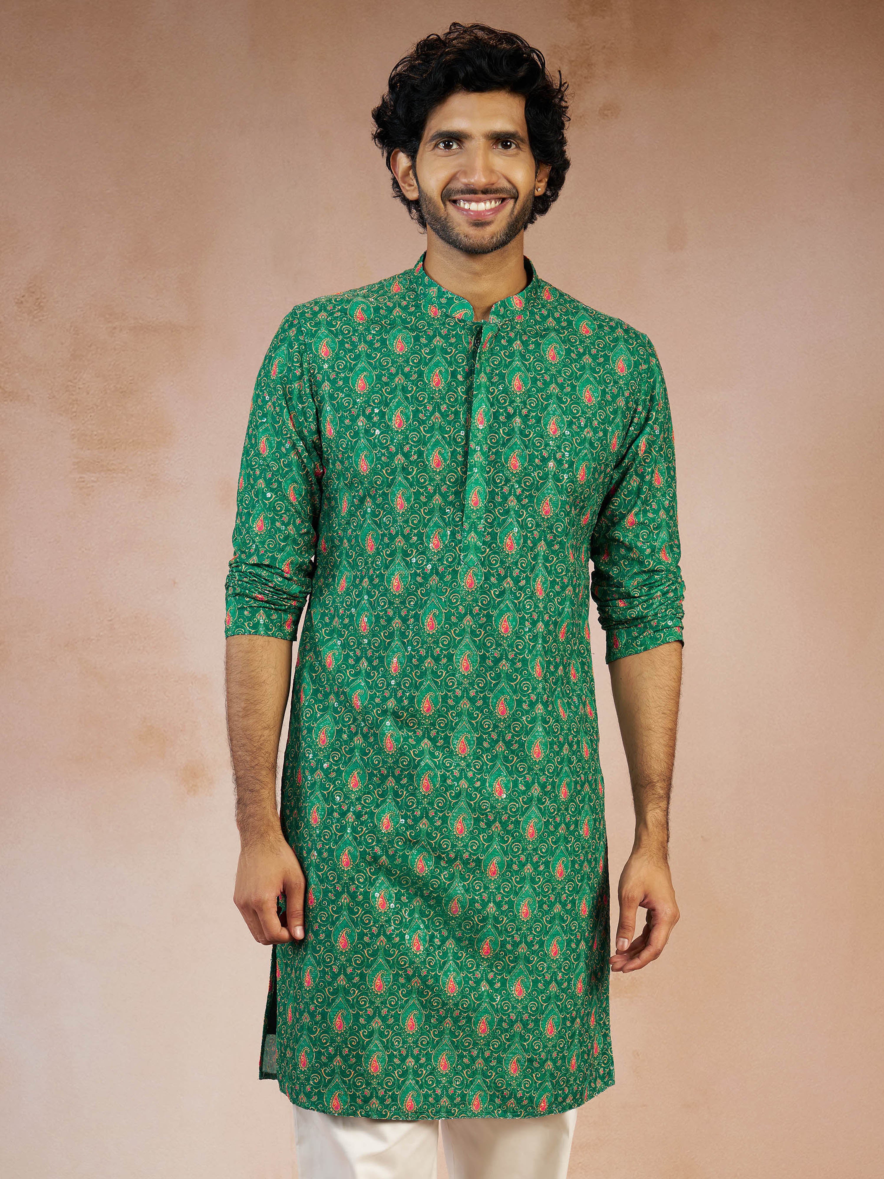 Men's Green Chikankari All-Over Geometric Embroidered Silk Blend Straight Kurta