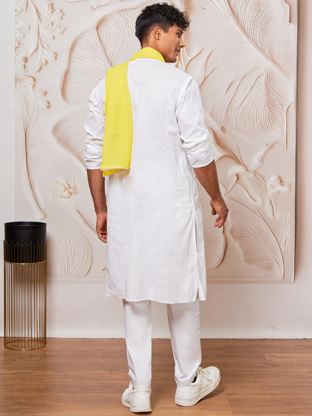 Men's White Cotton Kurta,Pyjama And Dupatta Set
