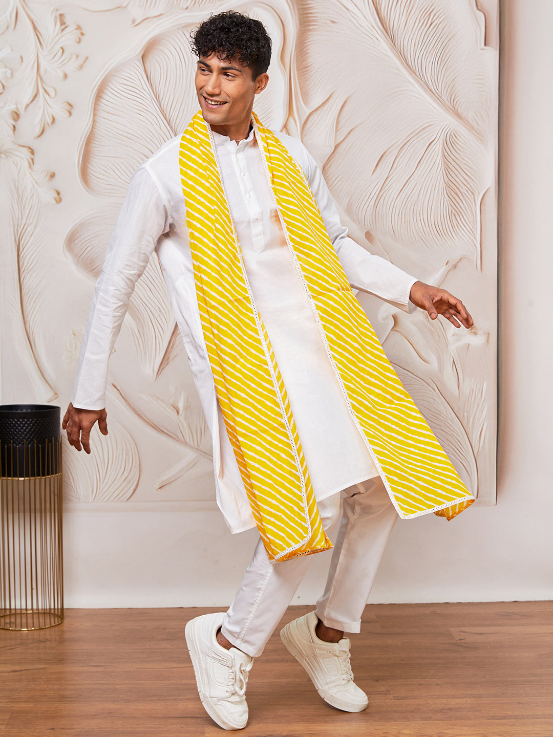 Men's White Cotton Kurta,Pyjama And Dupatta Set