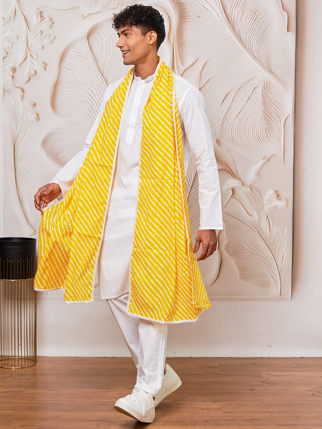 Men's White Cotton Kurta,Pyjama And Dupatta Set