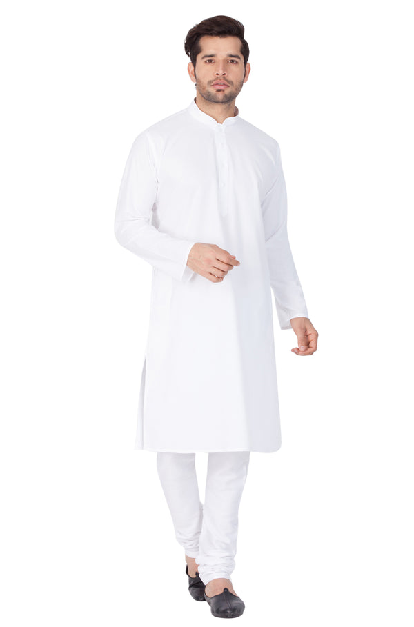 VASTRAMAY Men's White Cotton Blend Kurta Pyjama Set