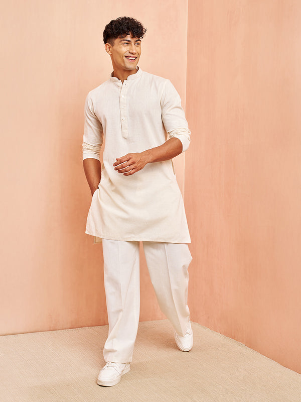 Men's Cream Mid Length Kurta with White Pant Set