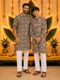Boys's Black Cotton Ikkat Thigh Length Kurta And Pyjama Set