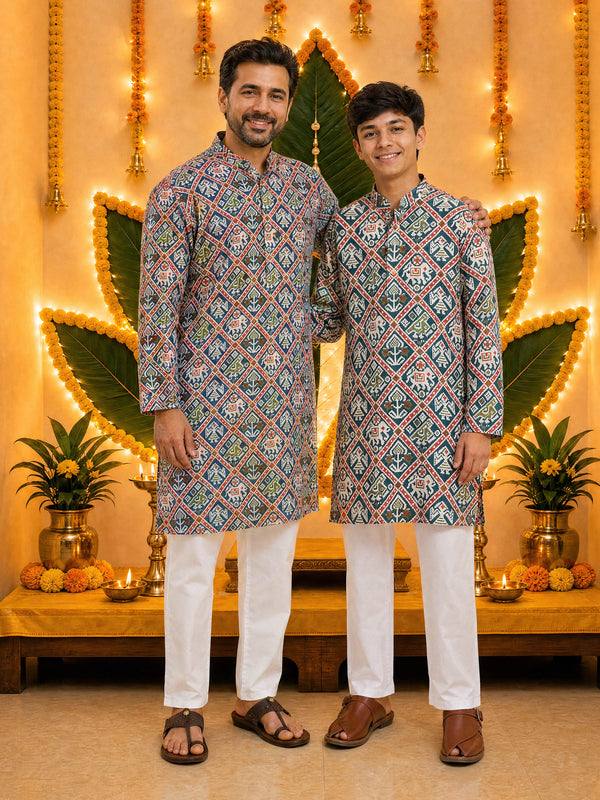 Men's Blue Batik Printed Cotton Mid-Length Kurta